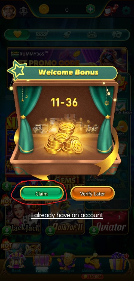 Screenshot showing the welcome bonus screen with 'Claim' and 'Already have an account' buttons in the 101z app