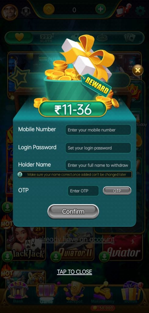 Screenshot showing the fields to enter mobile number, login password, and holder name in the 101z app